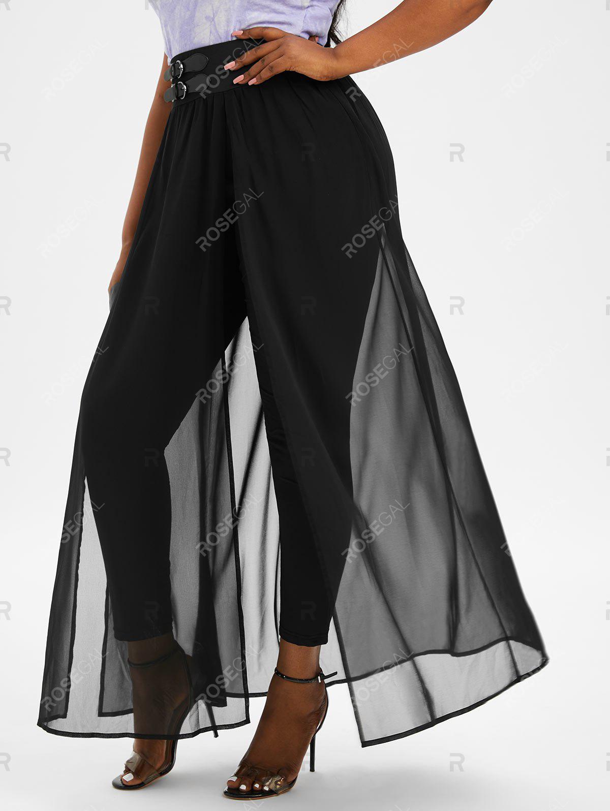 Plus Size Buckle Embellished Skinny Pants with Split Chiffon Overlay