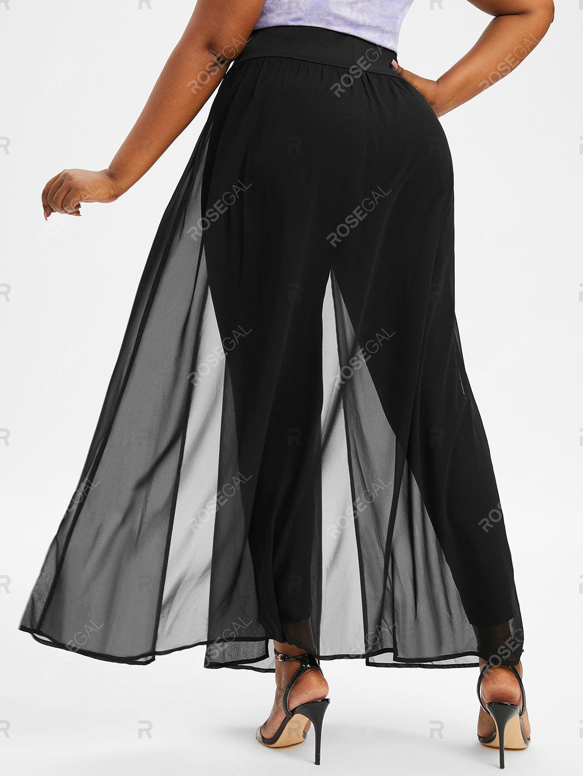 Plus Size Buckle Embellished Skinny Pants with Split Chiffon Overlay