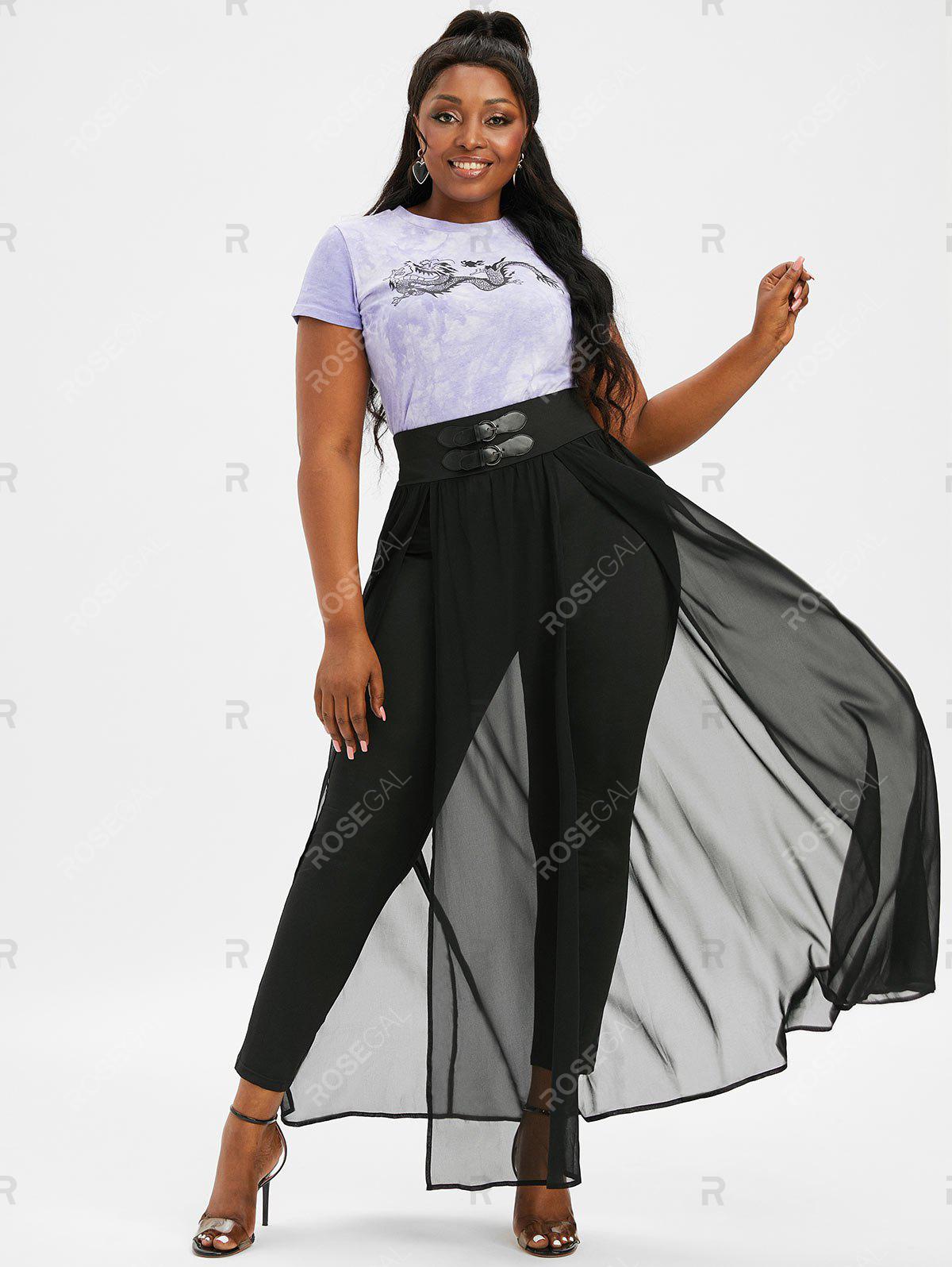 Plus Size Buckle Embellished Skinny Pants with Split Chiffon Overlay