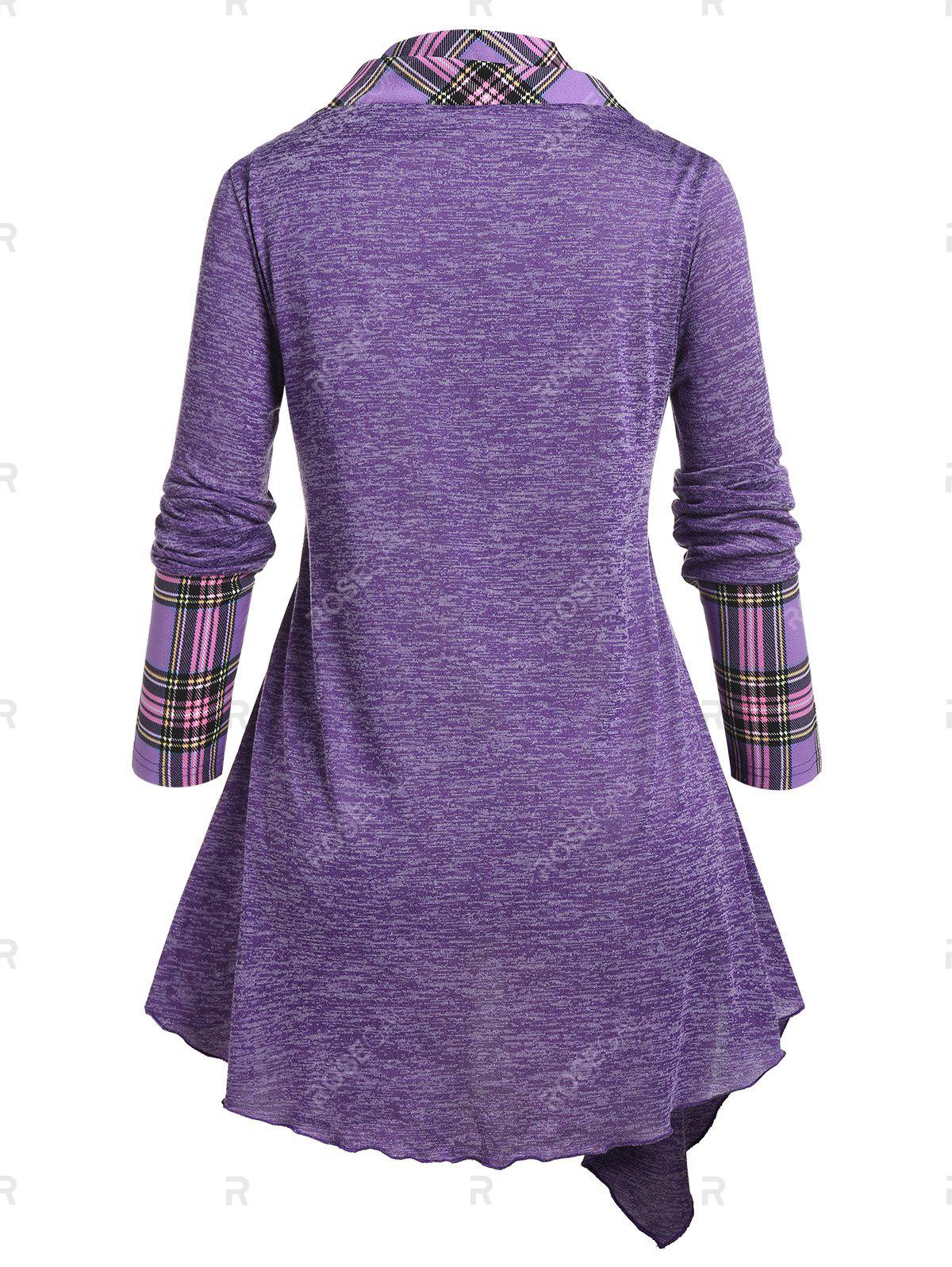 Plus Size Plaid Patchwork Cowl Neck Asymmetric T-shirt