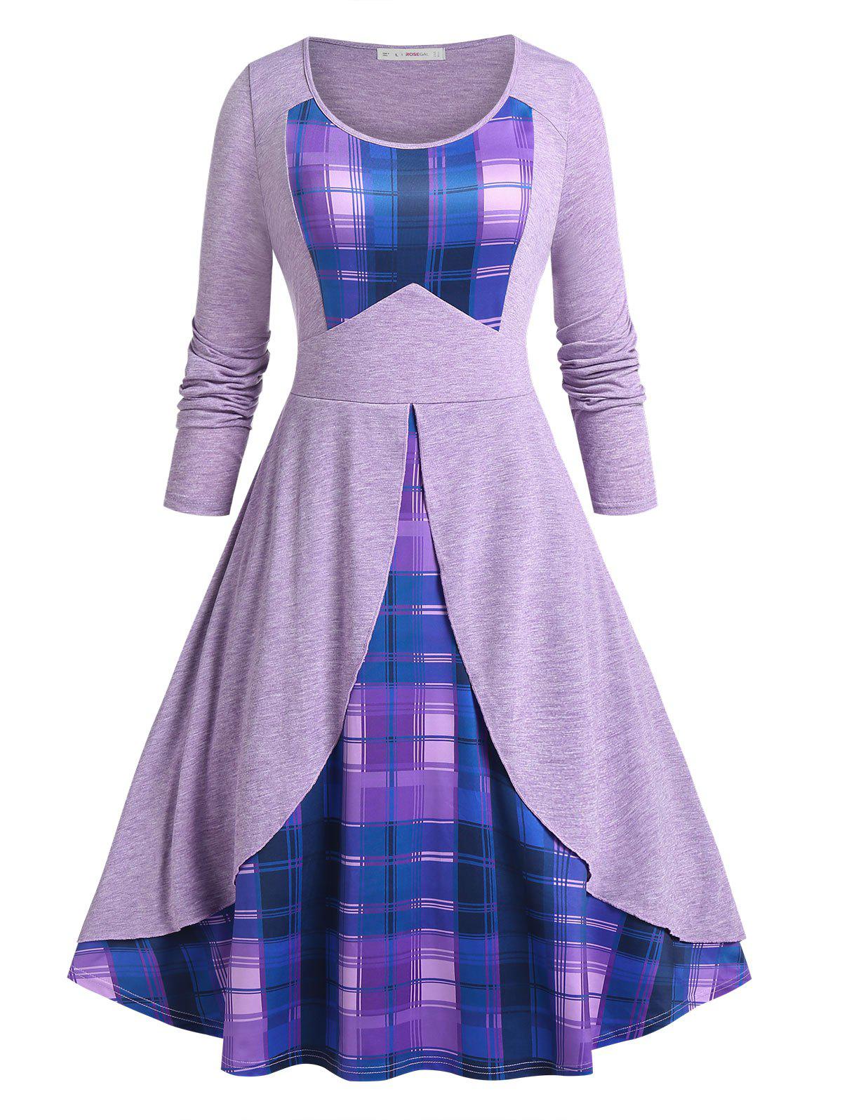 Plus Size Overlay Plaid Midi Flare Dress