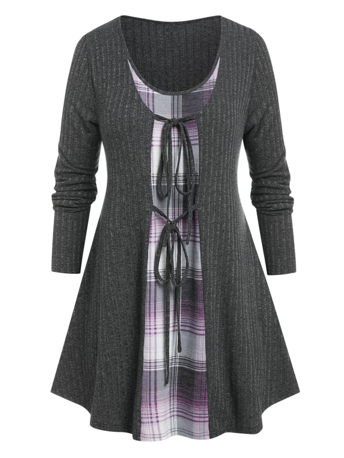 Plus Size Plaid Tie Double Fabric Knit Tunic Tee