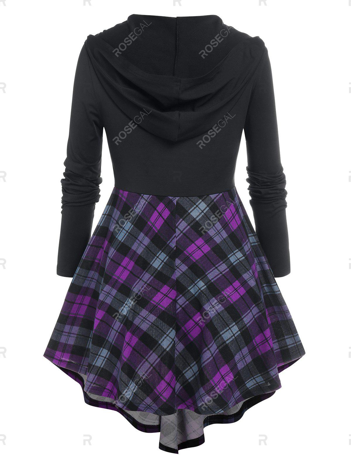 Plus Size Knotted Lace Up Plaid Skirted Hooded Tunic Top