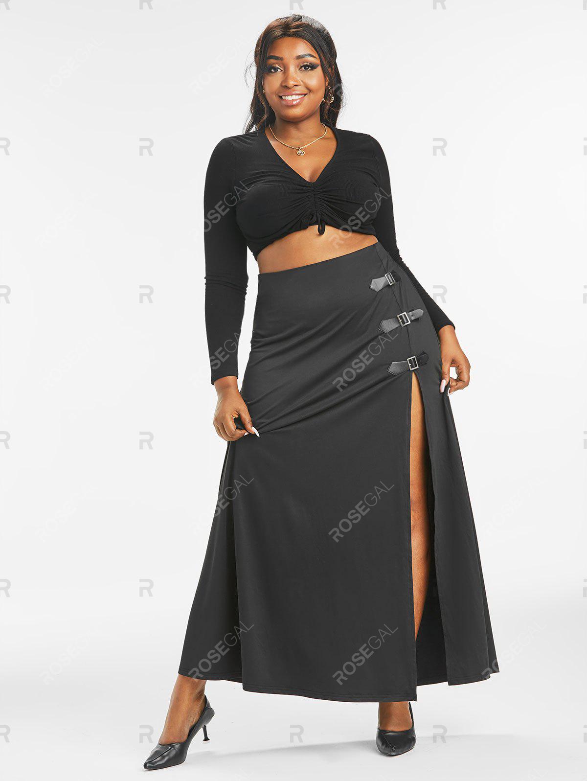 Thigh Slit Ruched Buckled Straps Plus Size Skirt