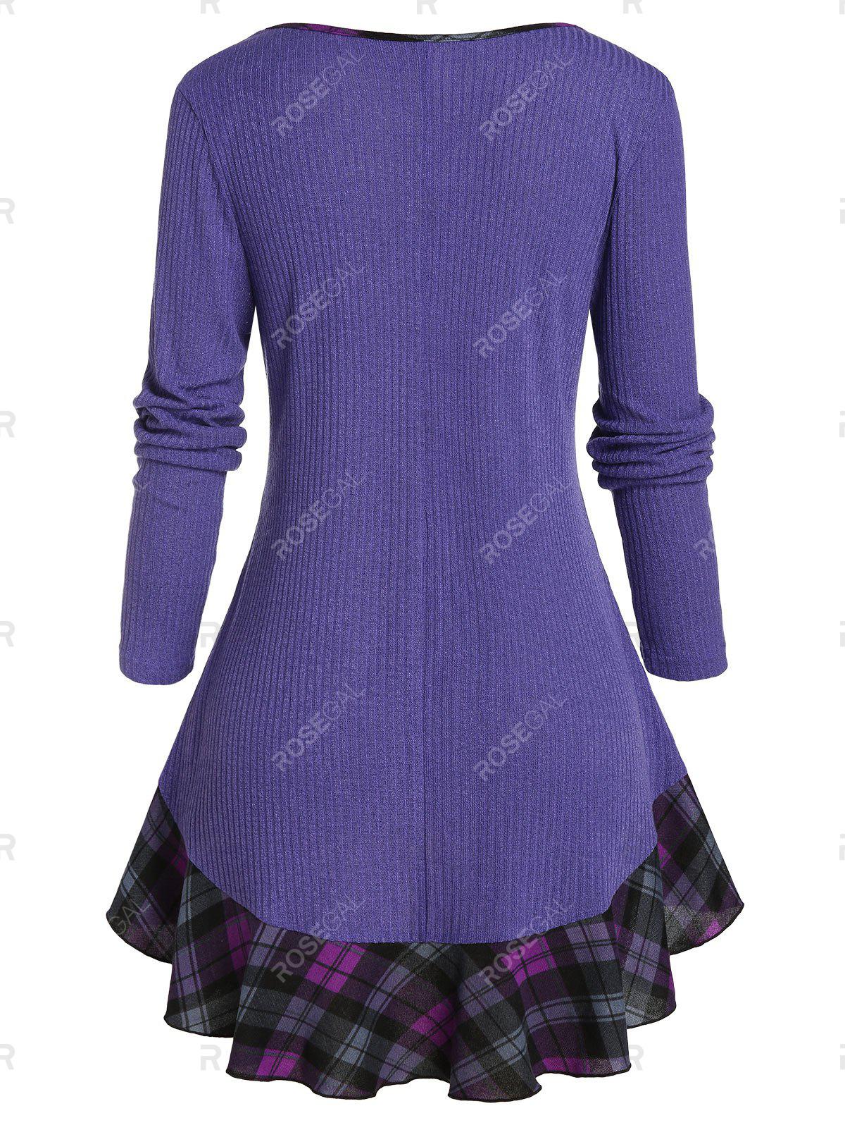 Plus Size Plaid Flounce Ribbed Flyaway Tunic Tee