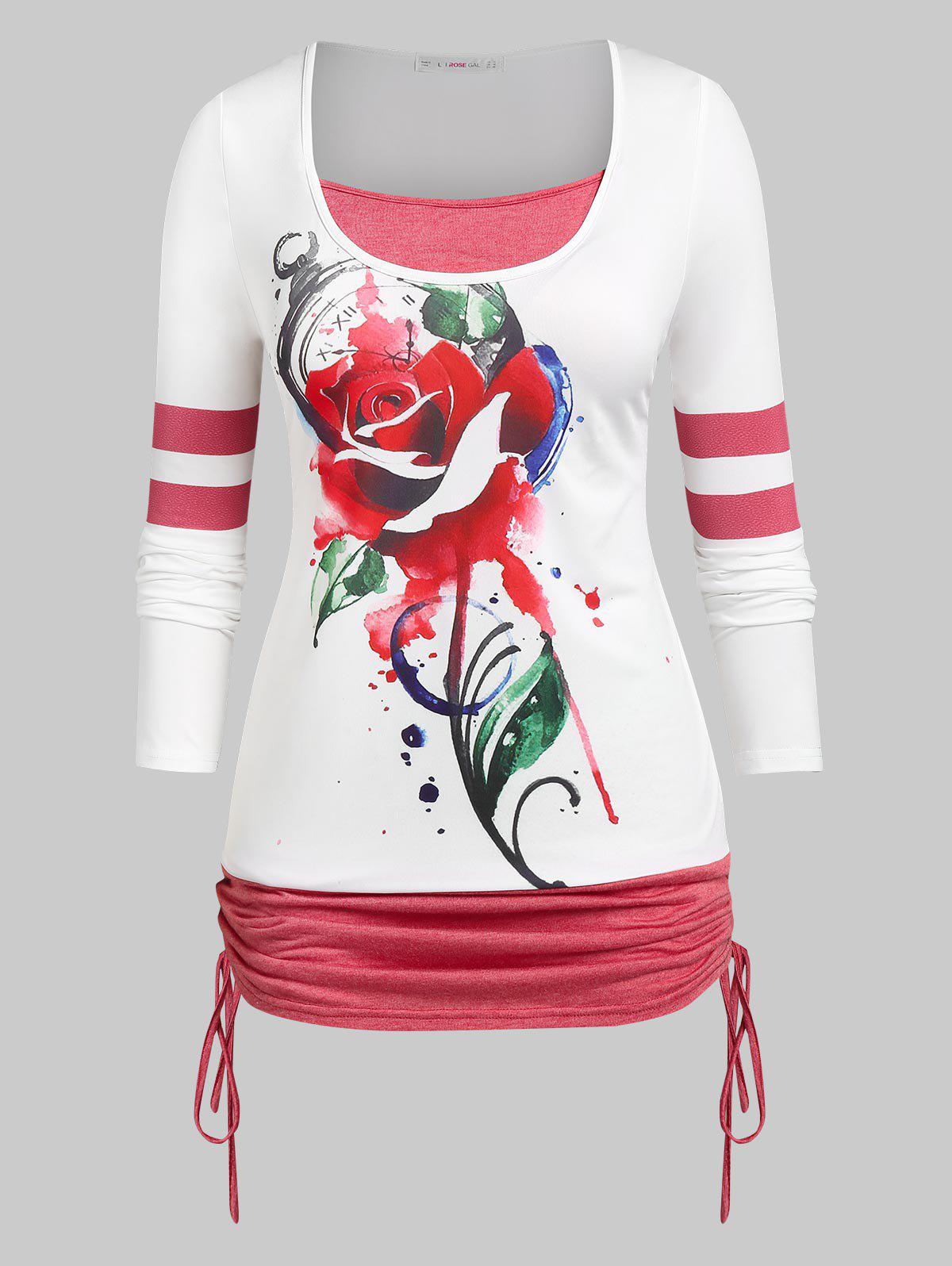 Plus Size Cinched Rose Print 2 in 1 Tee