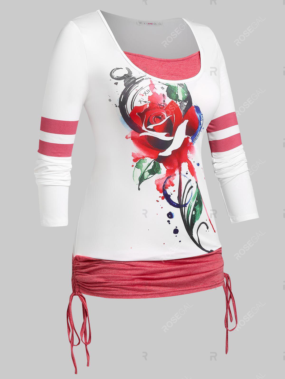 Plus Size Cinched Rose Print 2 in 1 Tee