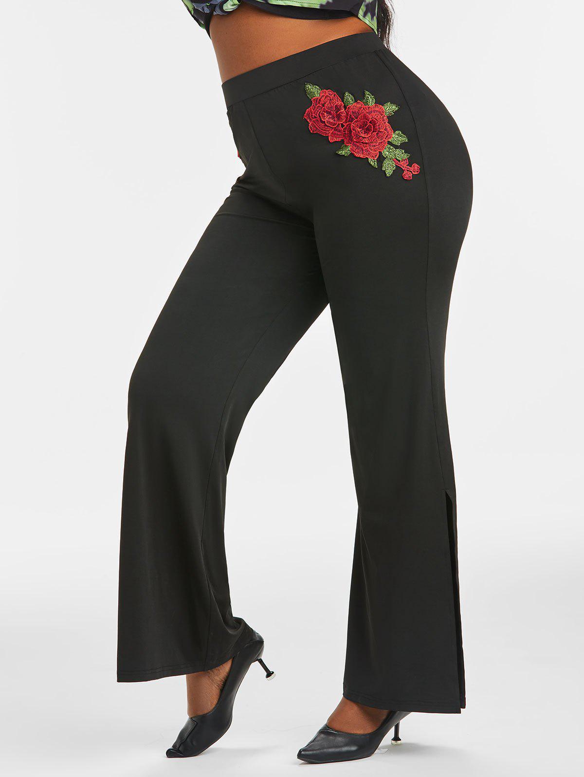 Split Hem Rose Embroidered Applique Plus Size Flare Pants