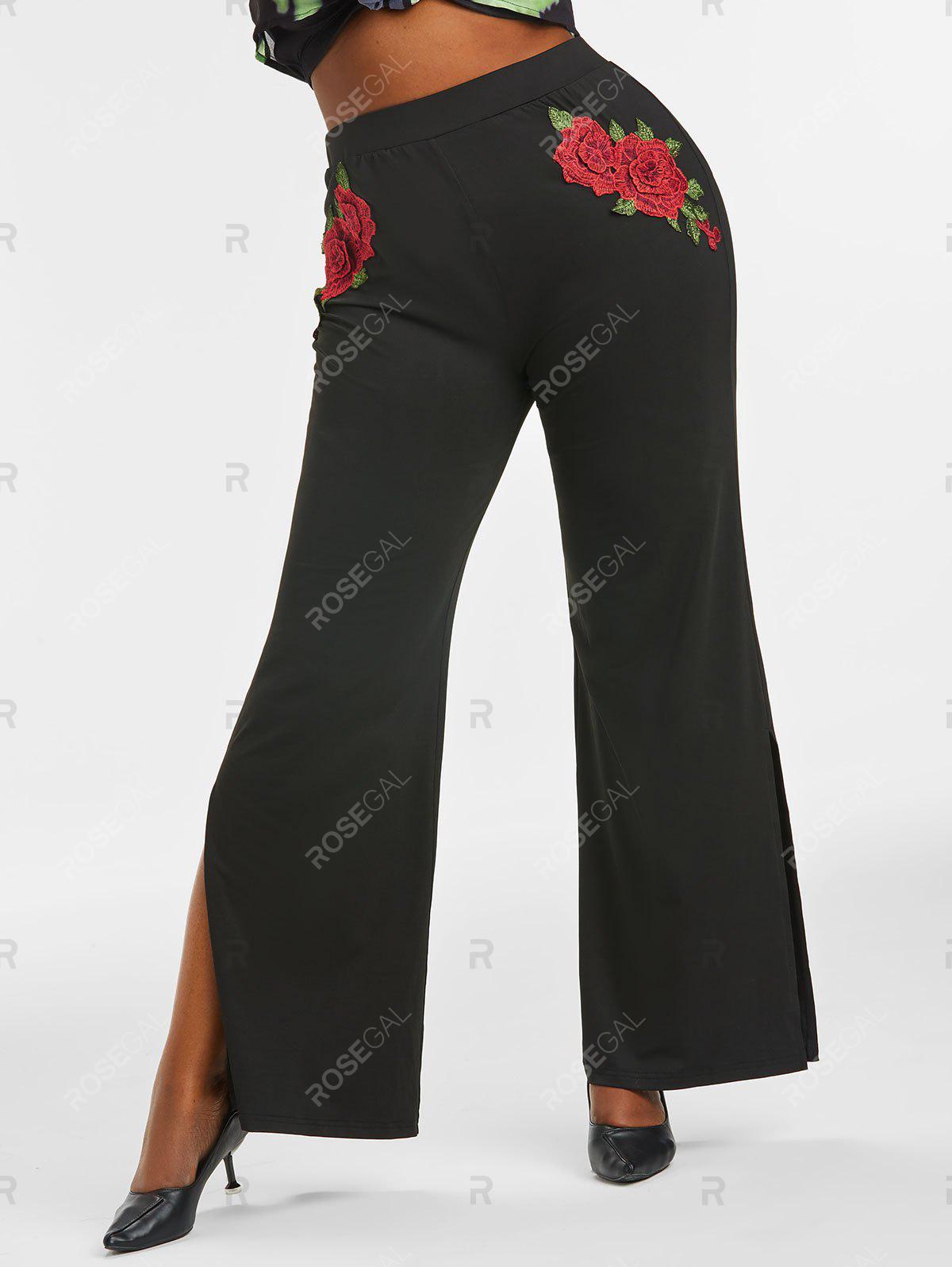 Split Hem Rose Embroidered Applique Plus Size Flare Pants