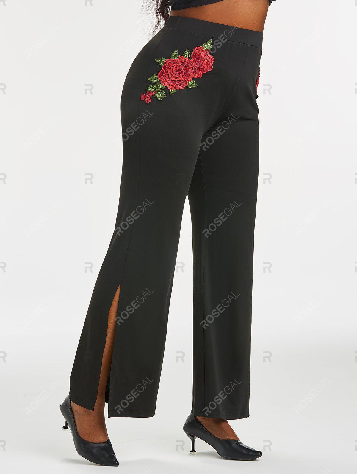 Split Hem Rose Embroidered Applique Plus Size Flare Pants