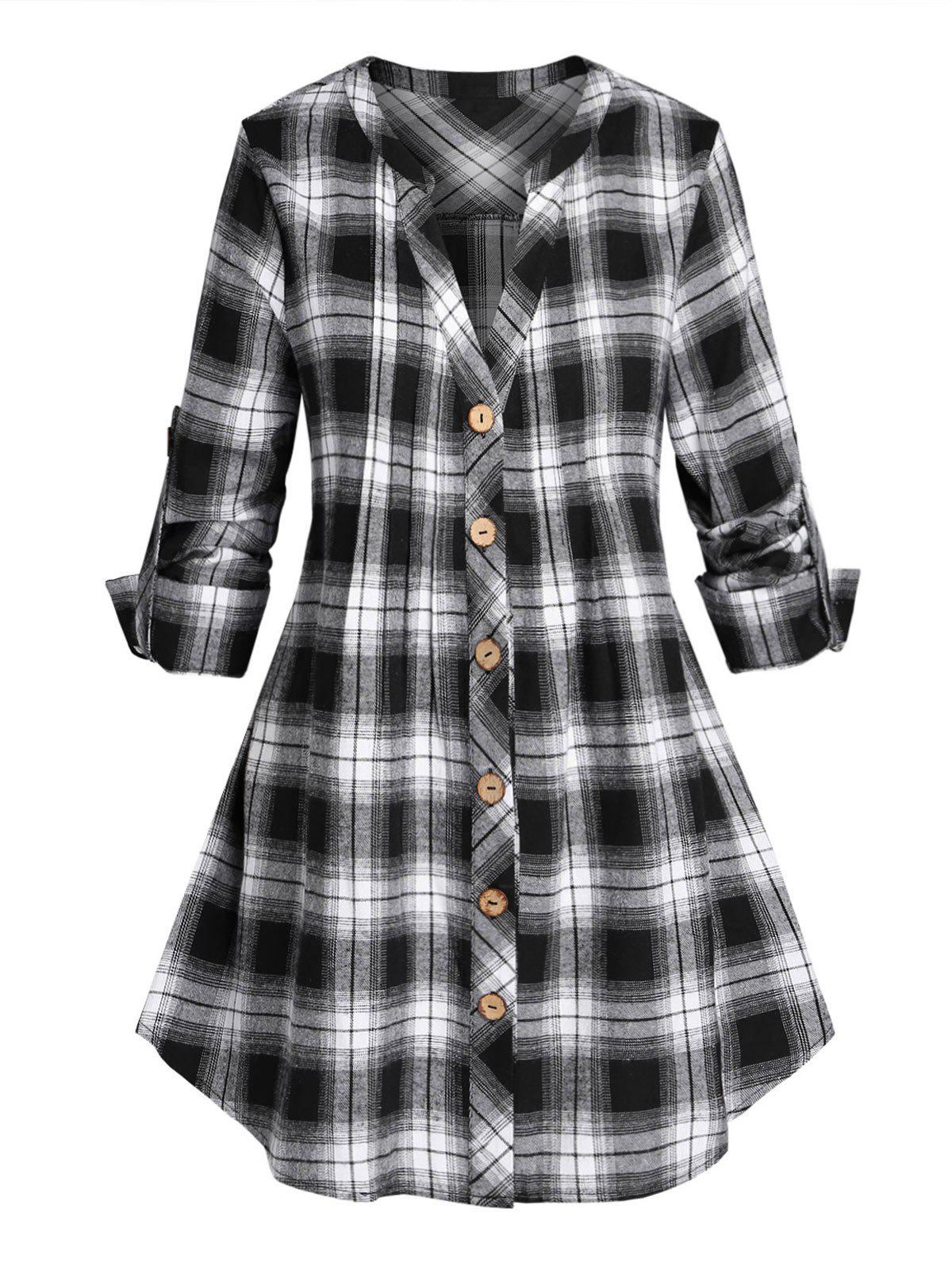 Plus Size Plaid V Notch Roll Tab Sleeve Tunic Blouse