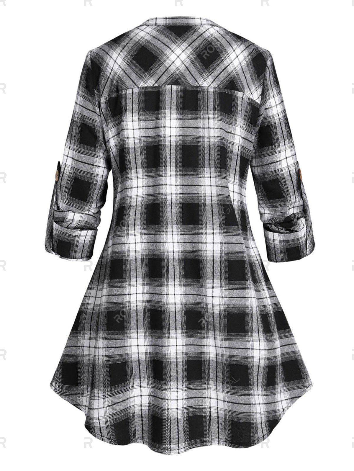 Plus Size Plaid V Notch Roll Tab Sleeve Tunic Blouse