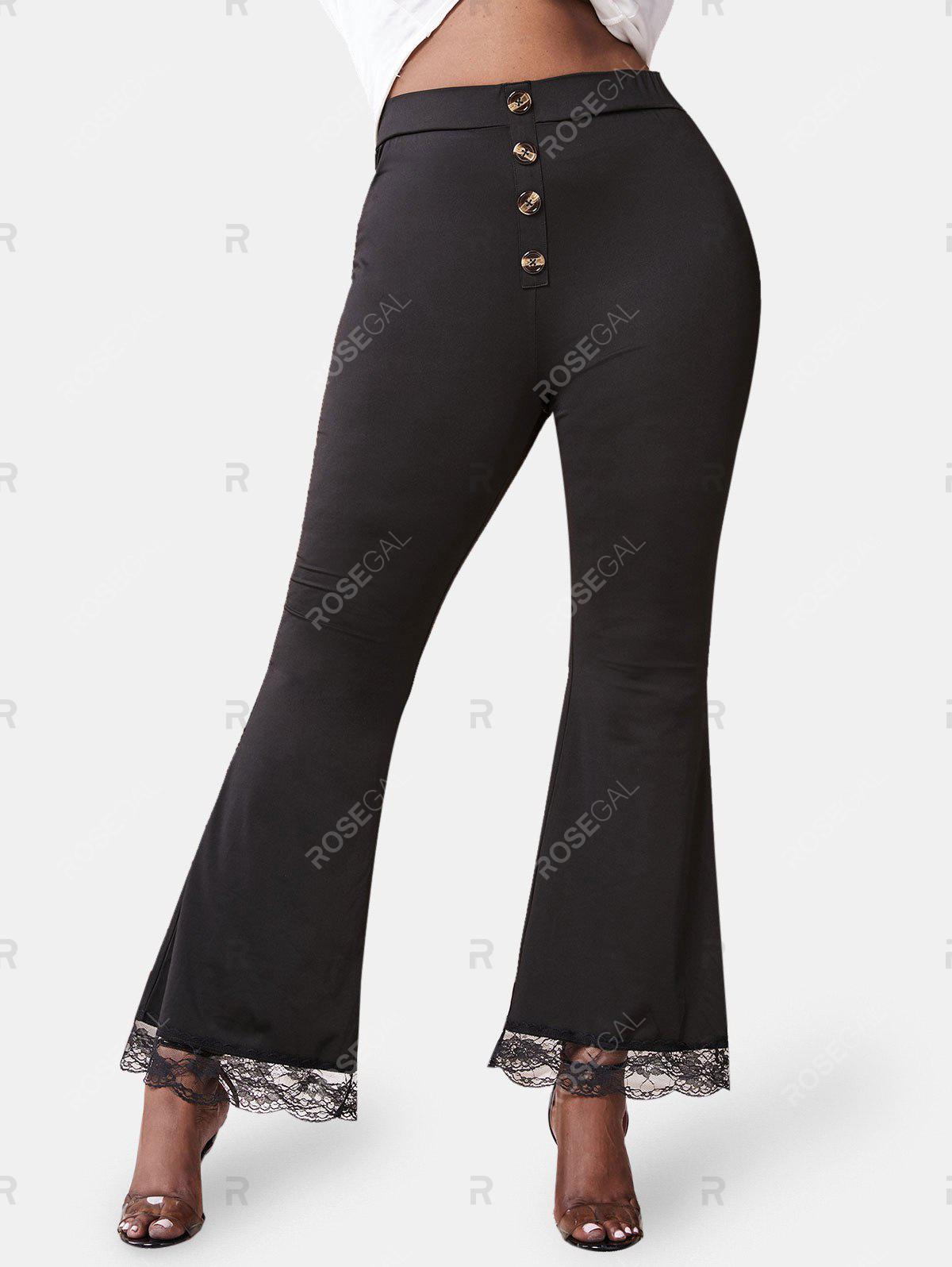 Plus Size Lace Trim Mock Buttons Bell Bottom Pants