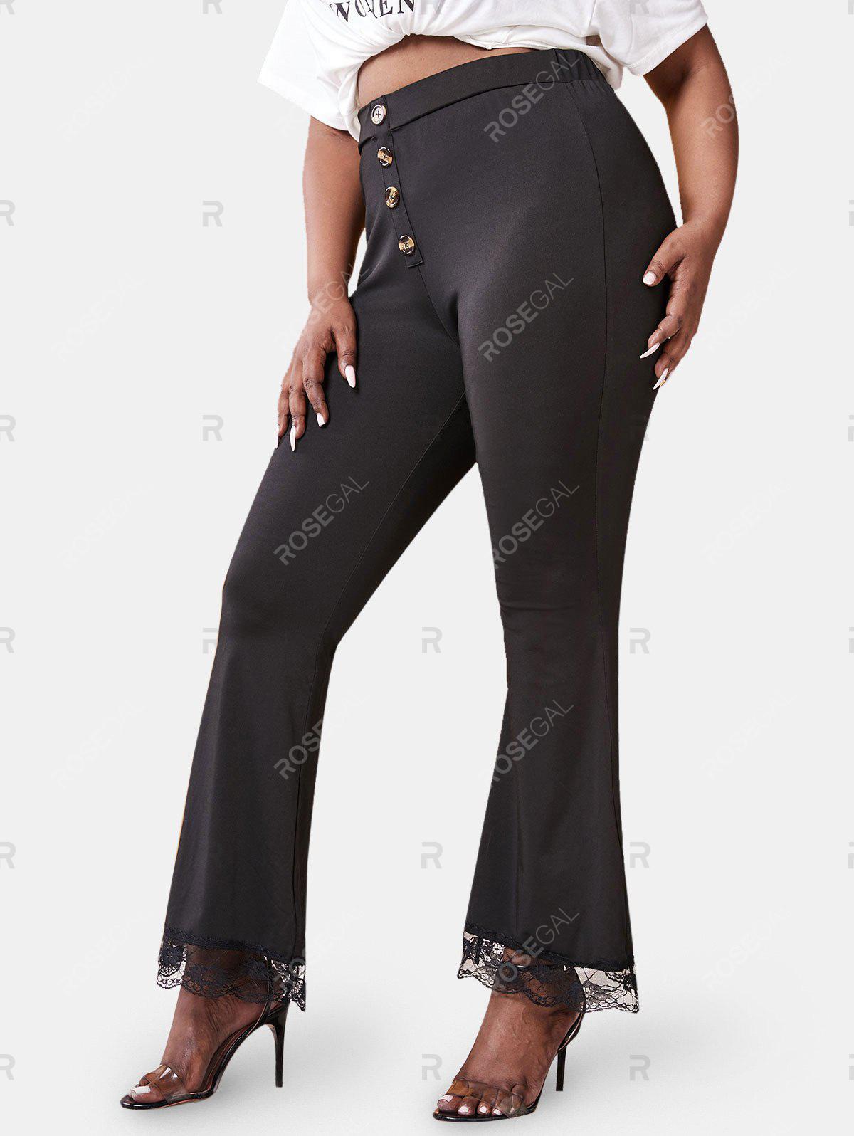 Plus Size Lace Trim Mock Buttons Bell Bottom Pants