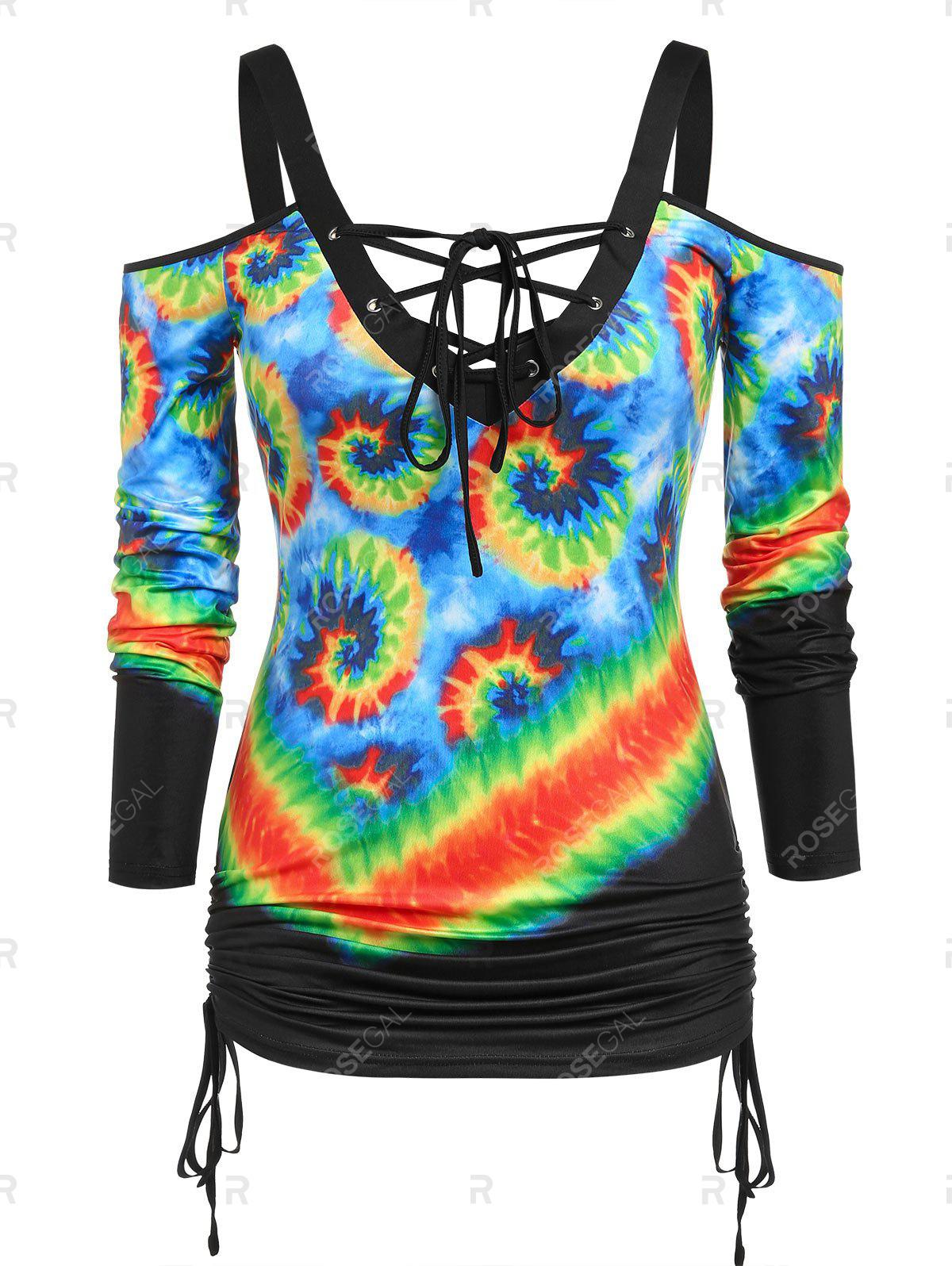 Plus Size Tie Dye Cold Shoulder Cinched Tee