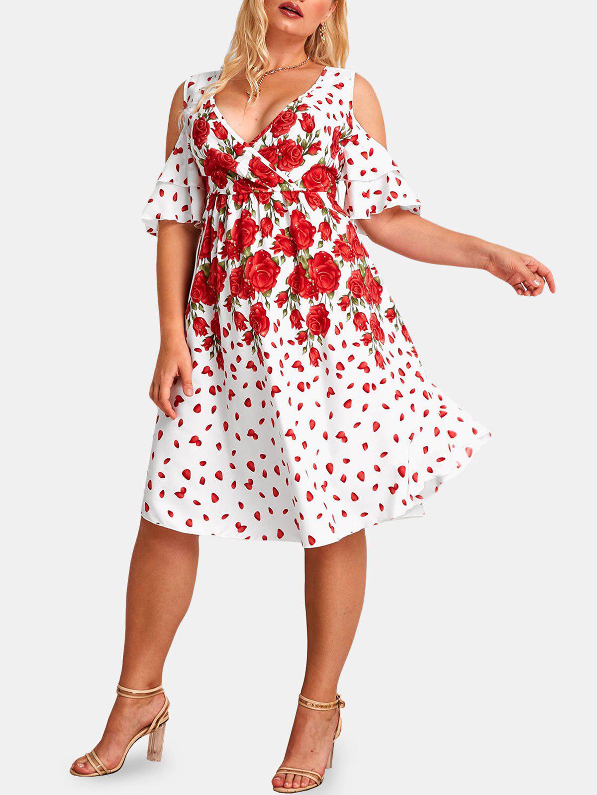 Plus Size Rose Print Cold Shoulder Surplice Cottagecore Dress