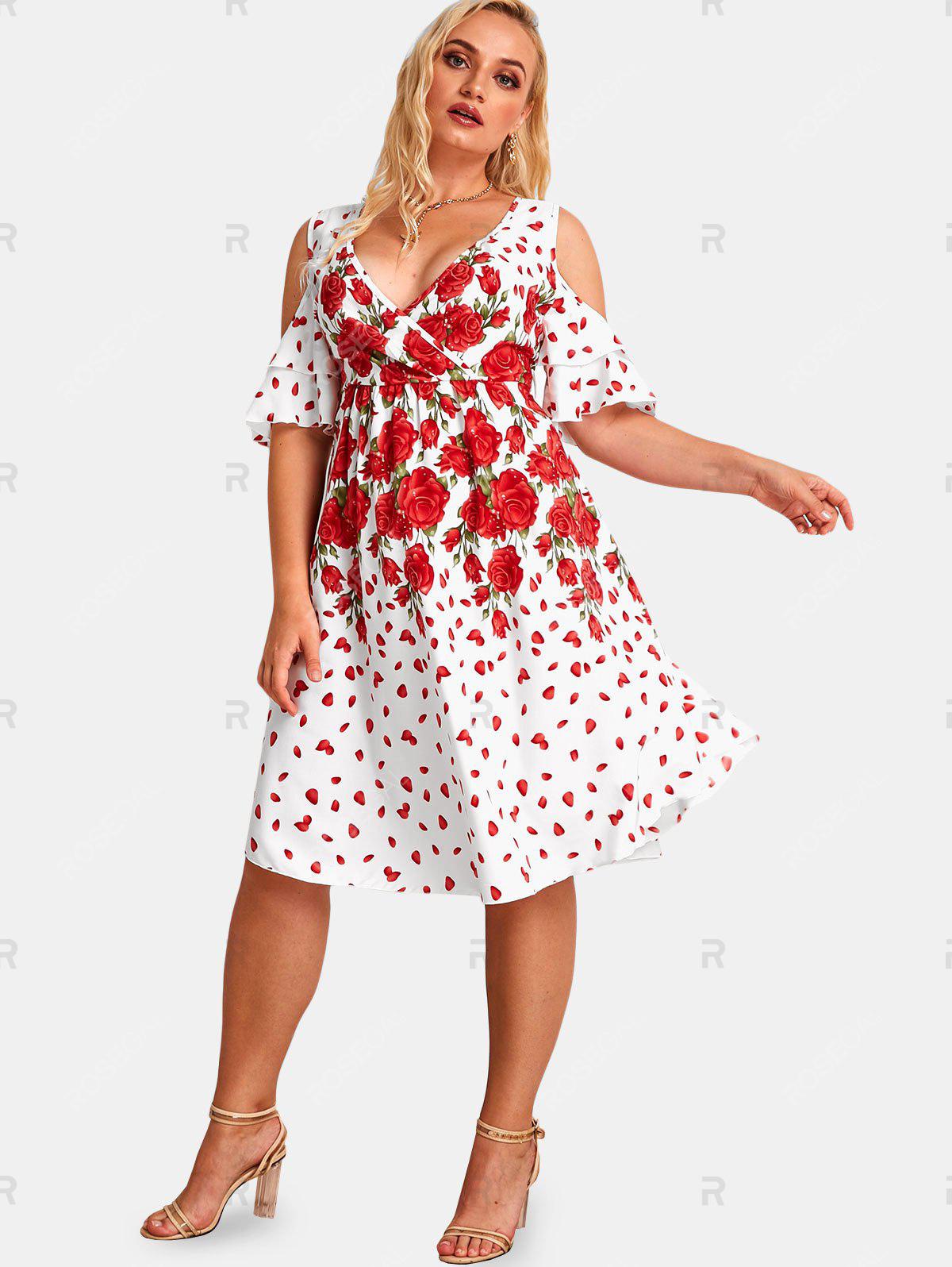 Plus Size Rose Print Cold Shoulder Surplice Cottagecore Dress