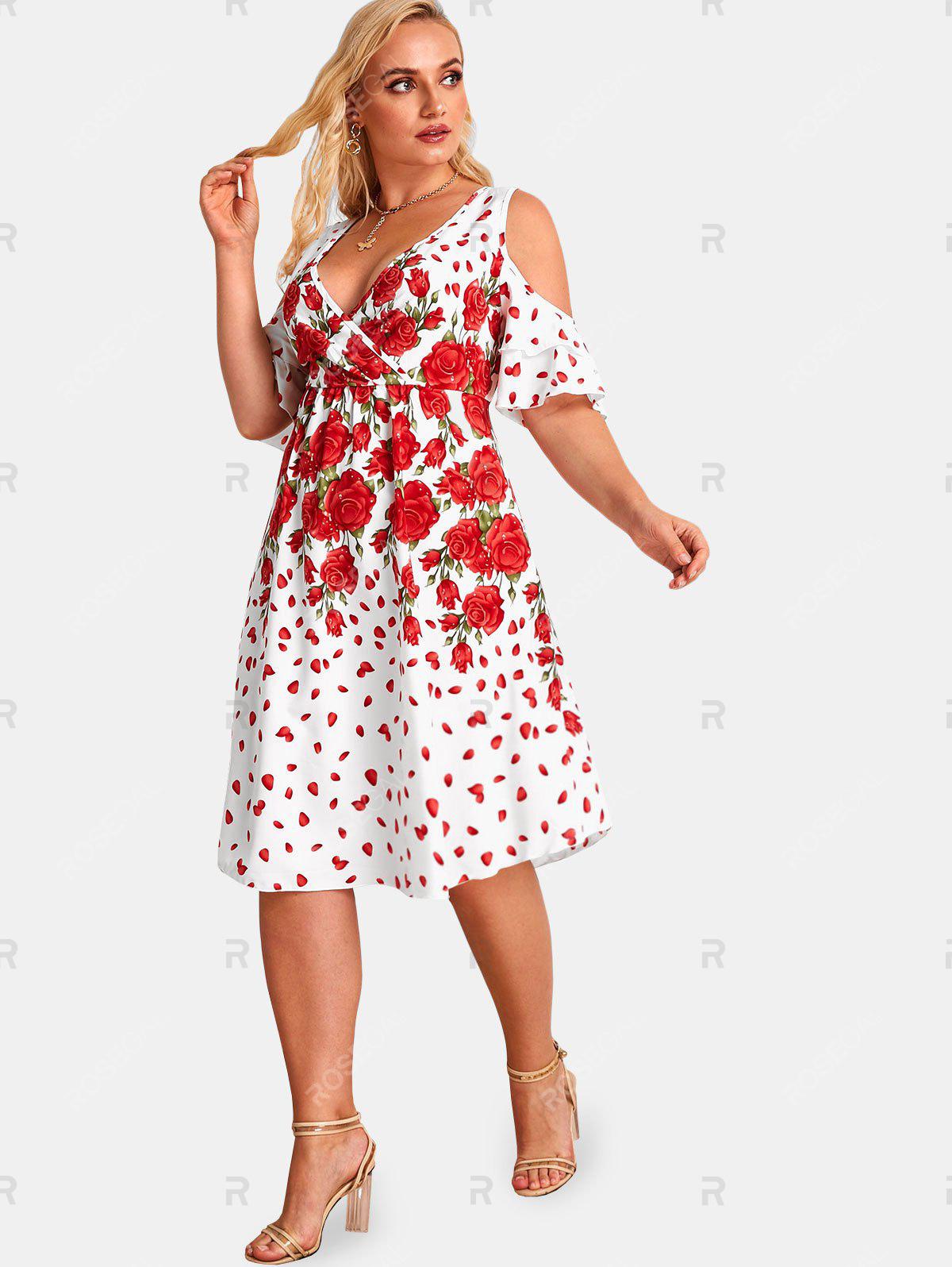 Plus Size Rose Print Cold Shoulder Surplice Cottagecore Dress