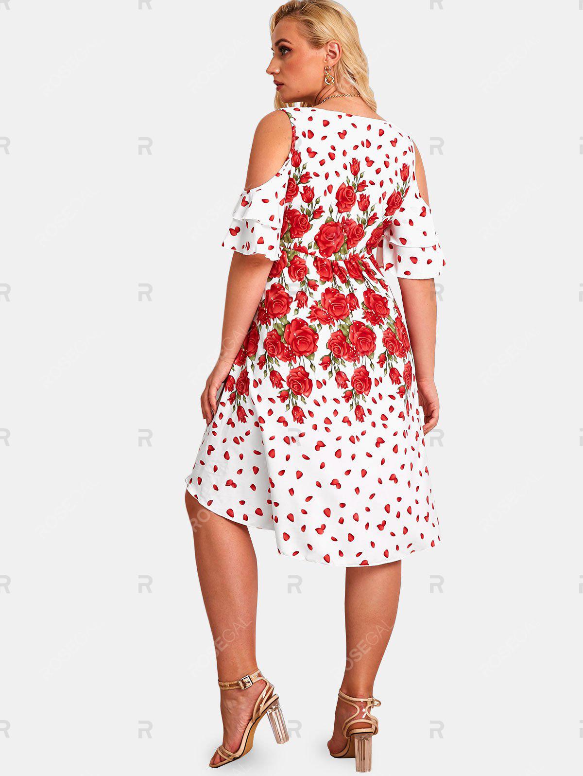 Plus Size Rose Print Cold Shoulder Surplice Cottagecore Dress