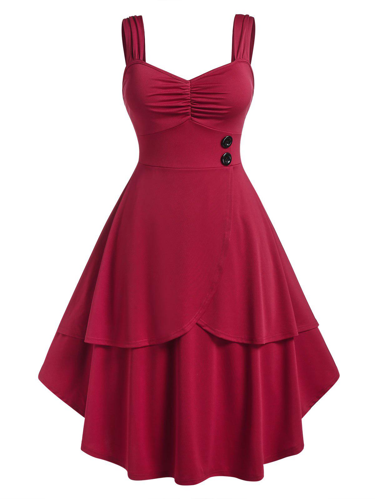 Plus Size Ruched Bust Button Layered Midi Dress