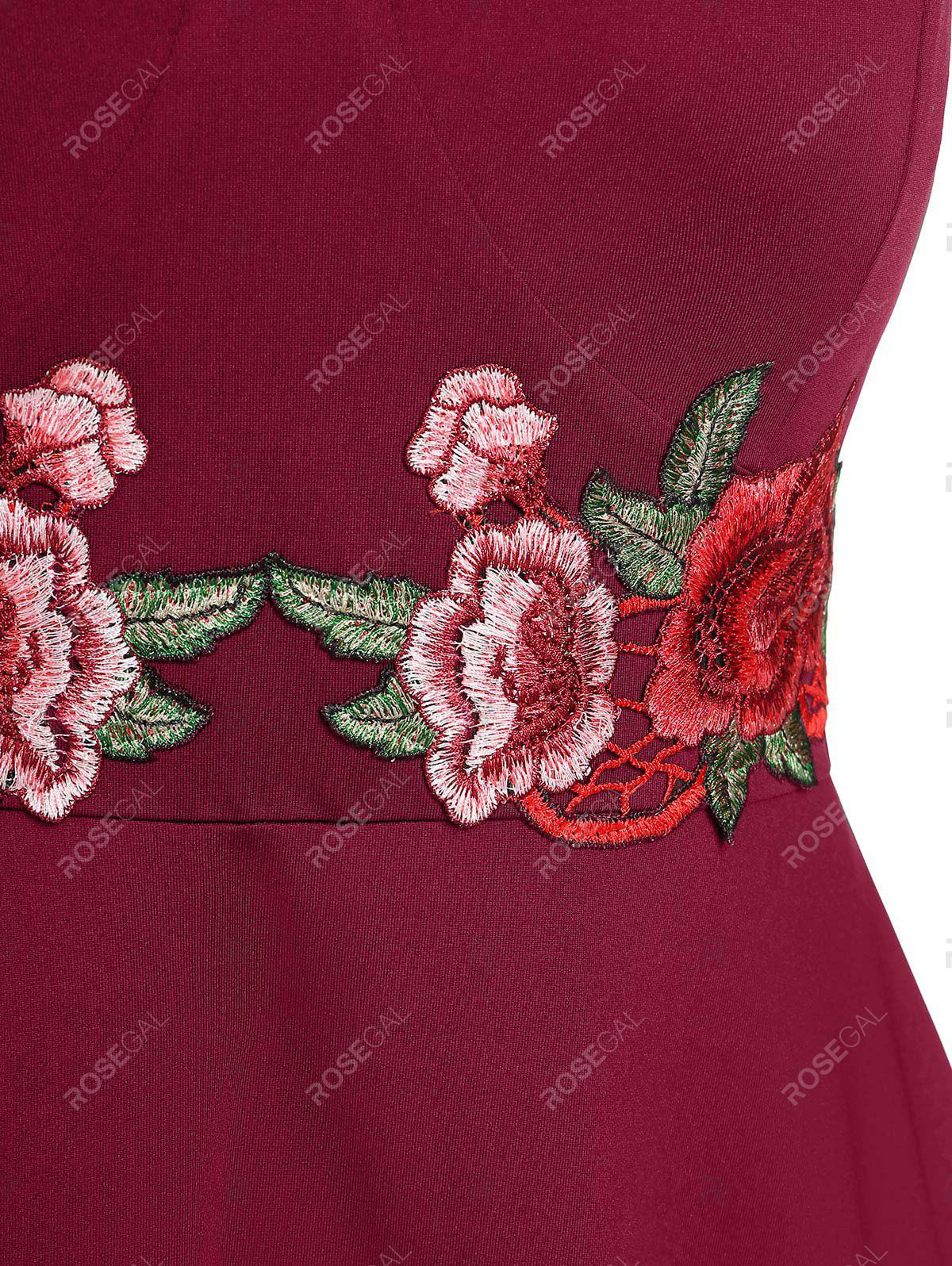 Plus Size Embroidery Flower High Waist 50s Midi Dress