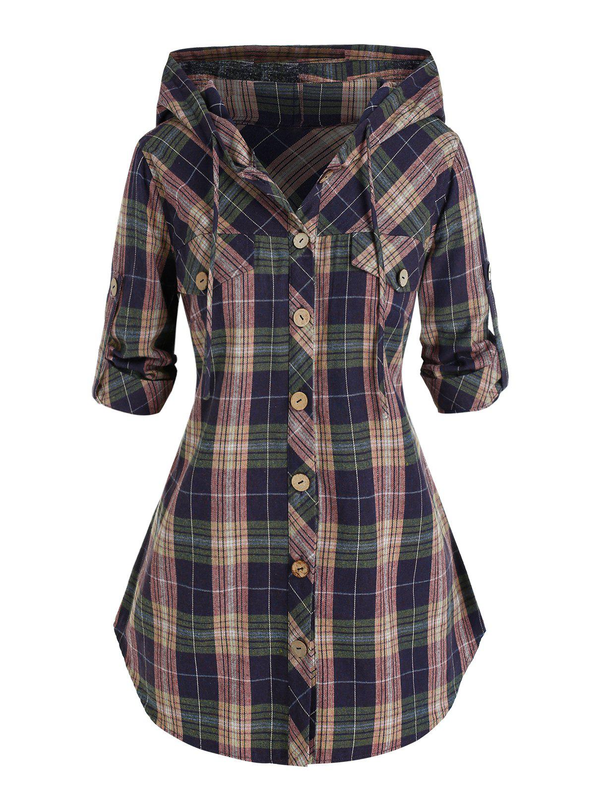 Plus Siz Plaid Hooded Roll Tab Sleeve Button Up Blouse