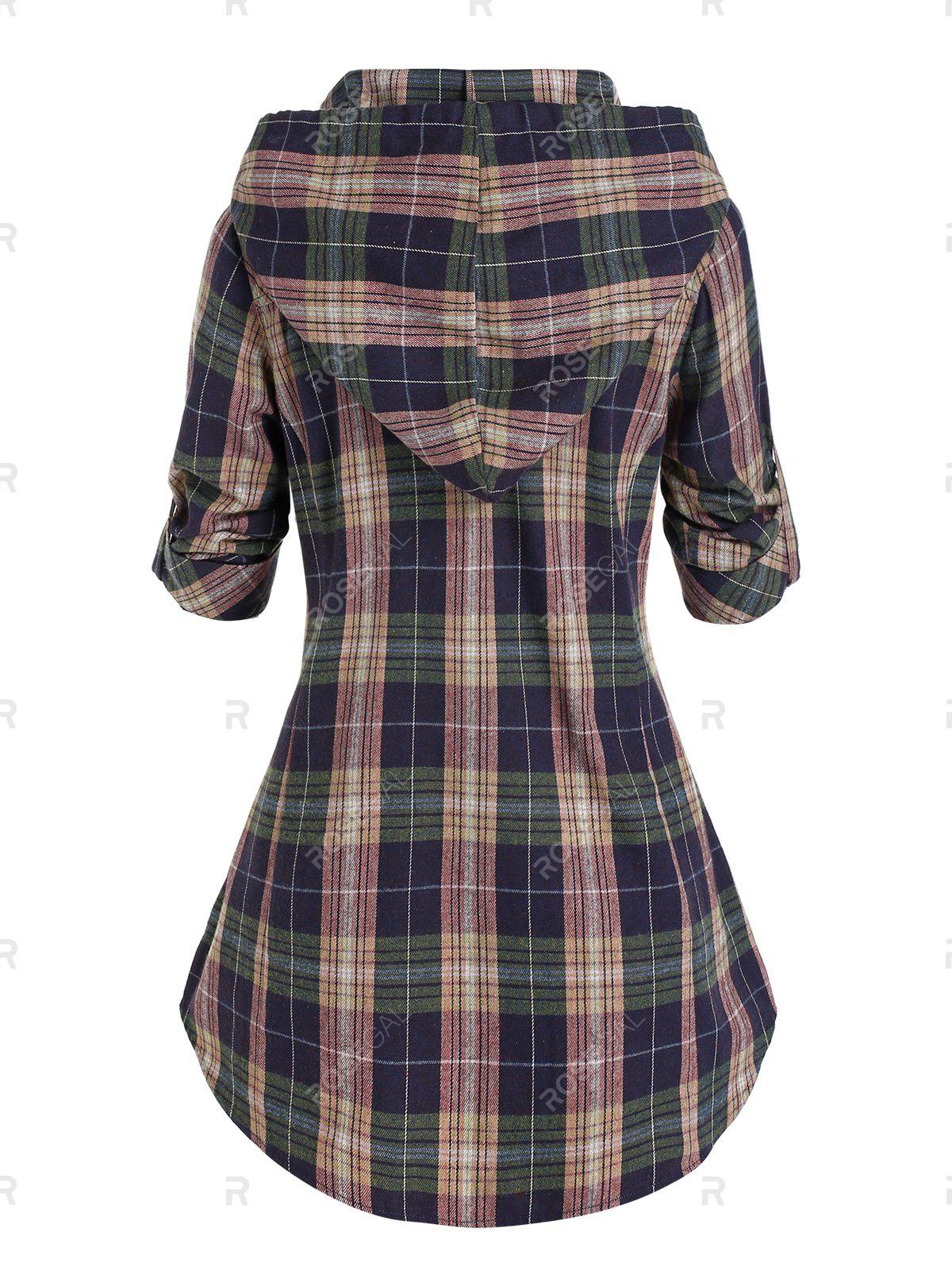 Plus Siz Plaid Hooded Roll Tab Sleeve Button Up Blouse