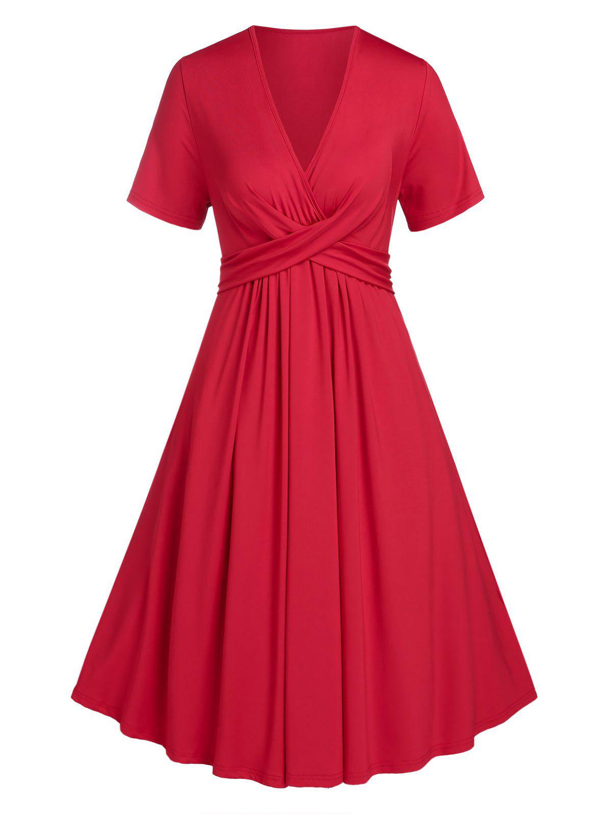 Plus Size Cross Ruched Surplice Knee Length Dress