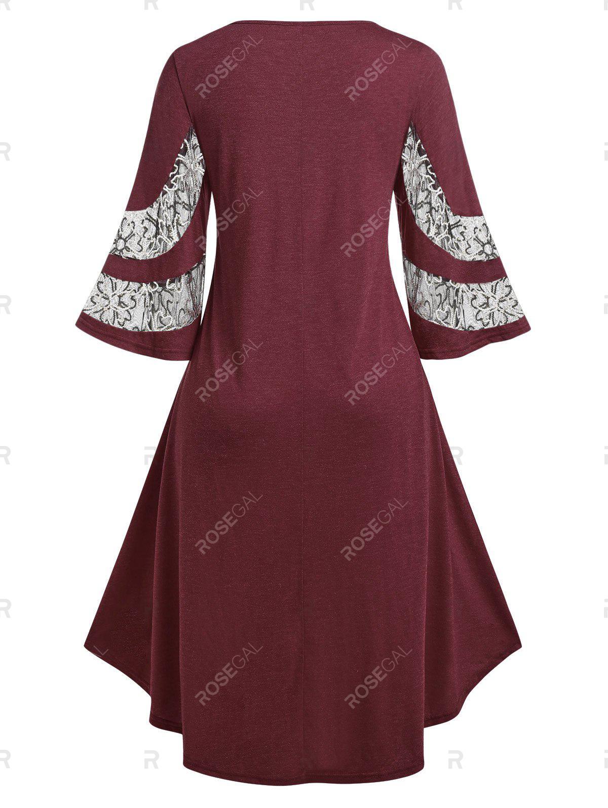 Plus Size Bell Sleeve Embroidered Mesh Trapeze Midi Dress