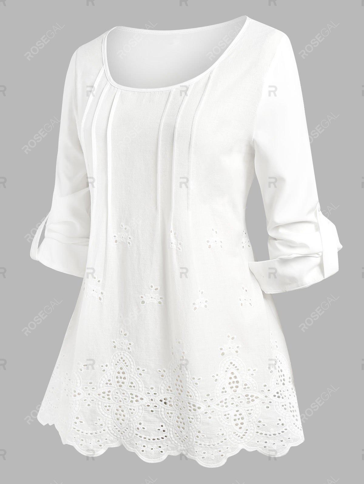 Plus Size Roll Up Sleeve Broderie Anglaise Blouse