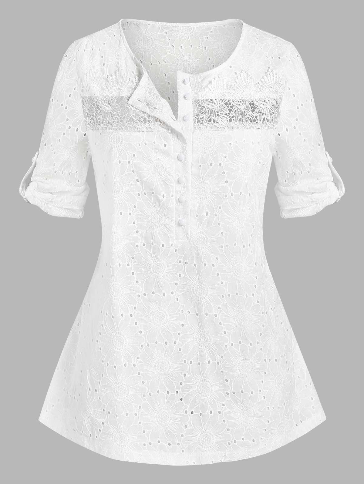 Plus Size Broderie Anglaise Roll Up Sleeve Half Button Blouse