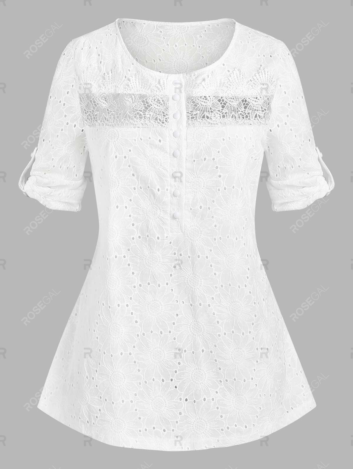 Plus Size Broderie Anglaise Roll Up Sleeve Half Button Blouse