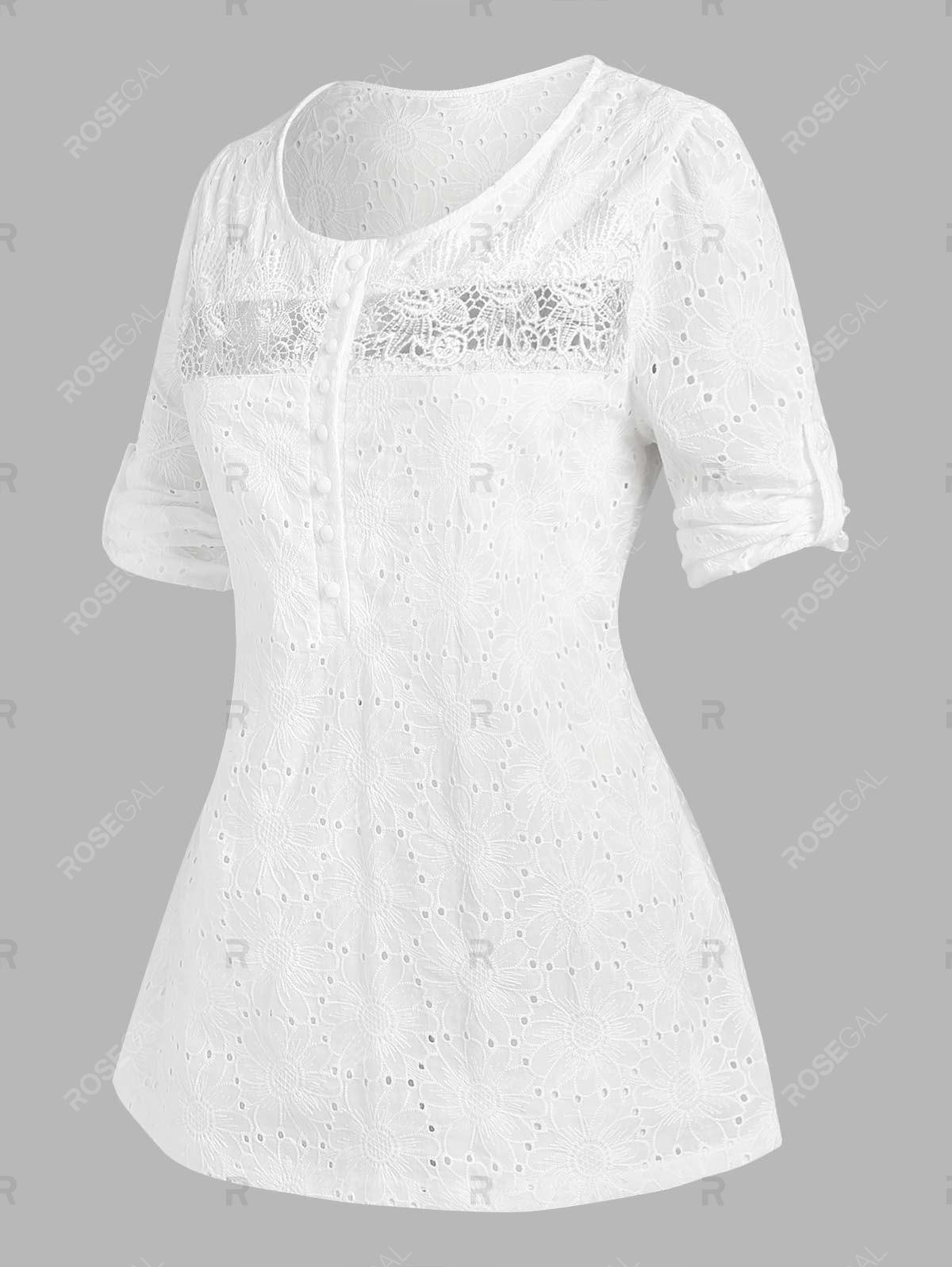 Plus Size Broderie Anglaise Roll Up Sleeve Half Button Blouse