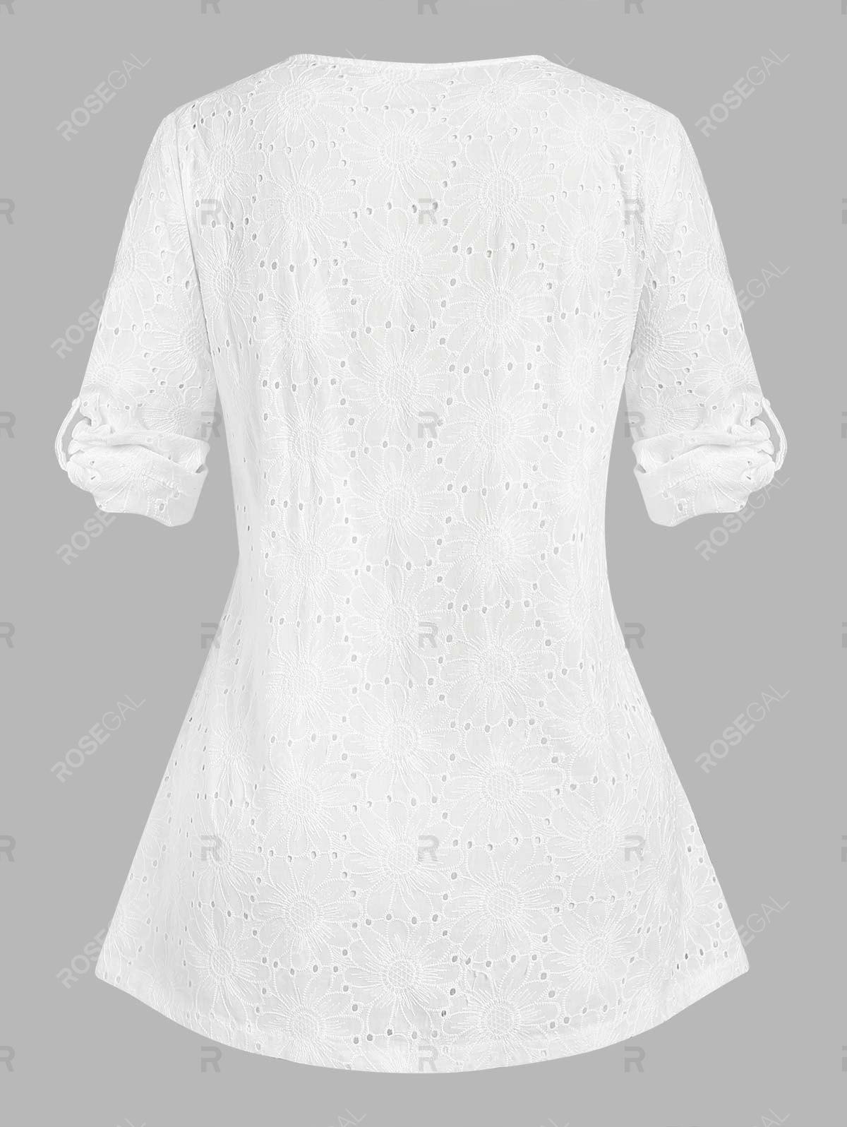 Plus Size Broderie Anglaise Roll Up Sleeve Half Button Blouse