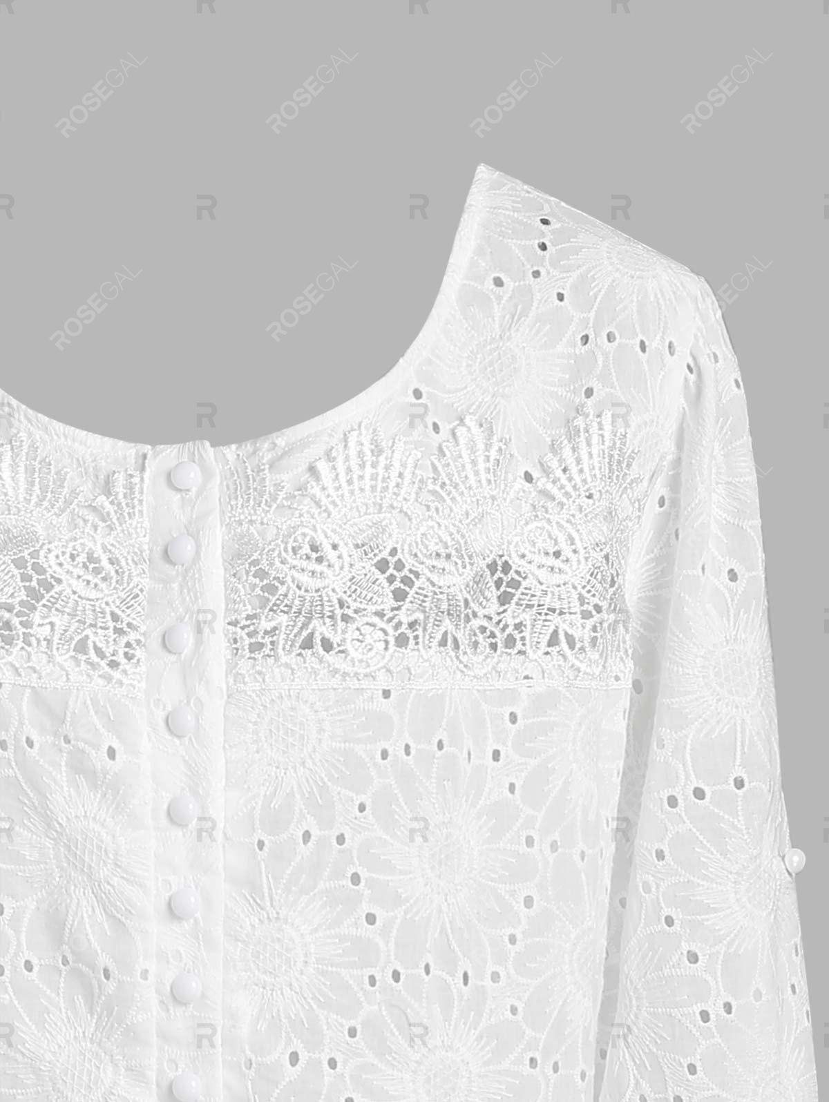 Plus Size Broderie Anglaise Roll Up Sleeve Half Button Blouse