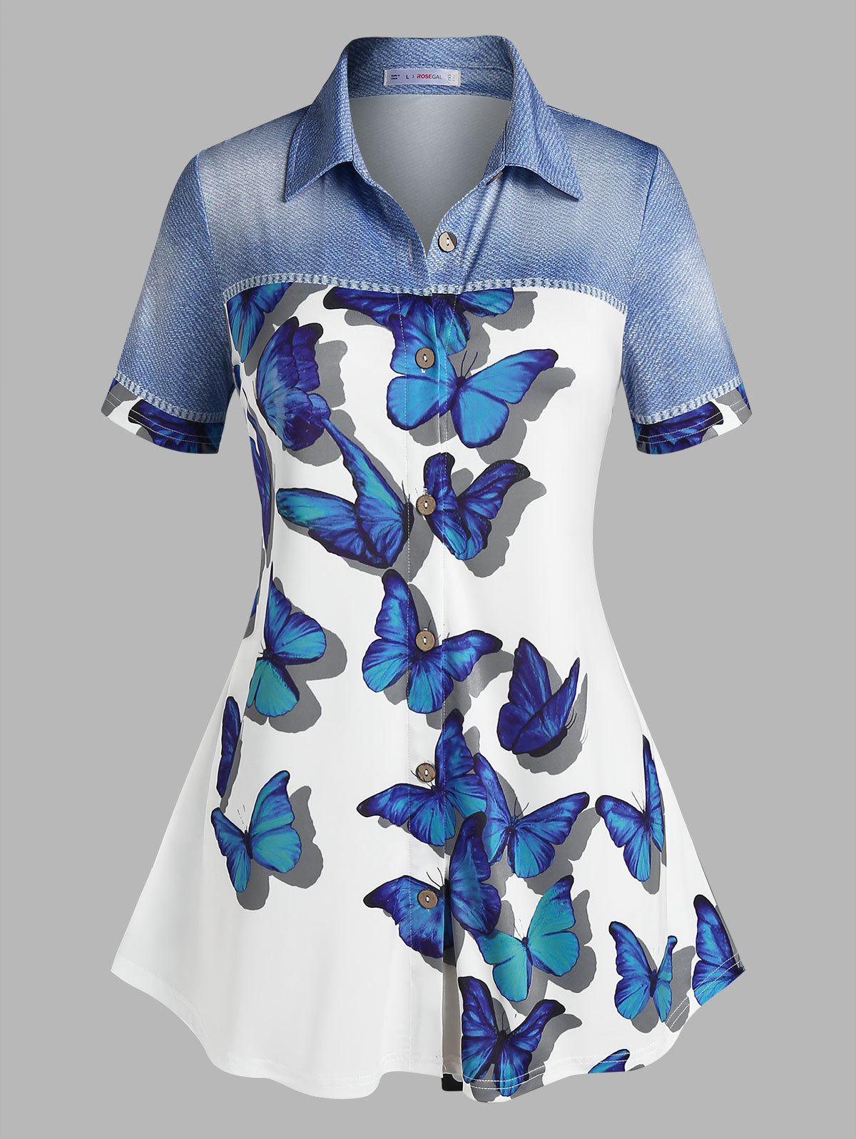 Plus Size 3D Denim Butterfly Print Blouse