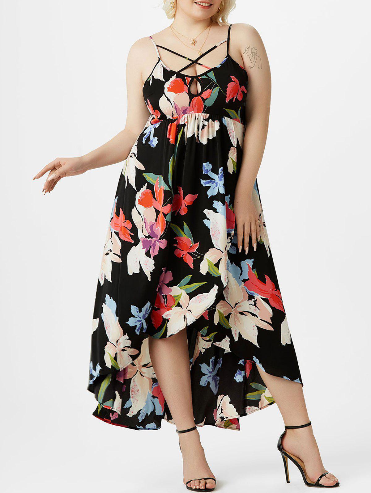 Plus Size Flower Print Keyhole Criss Cross Tulip Dress