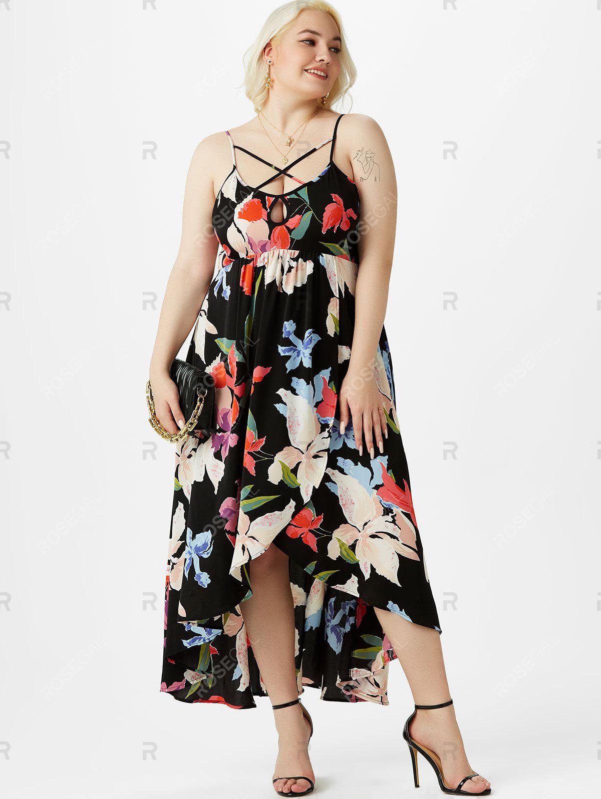 Plus Size Flower Print Keyhole Criss Cross Tulip Dress