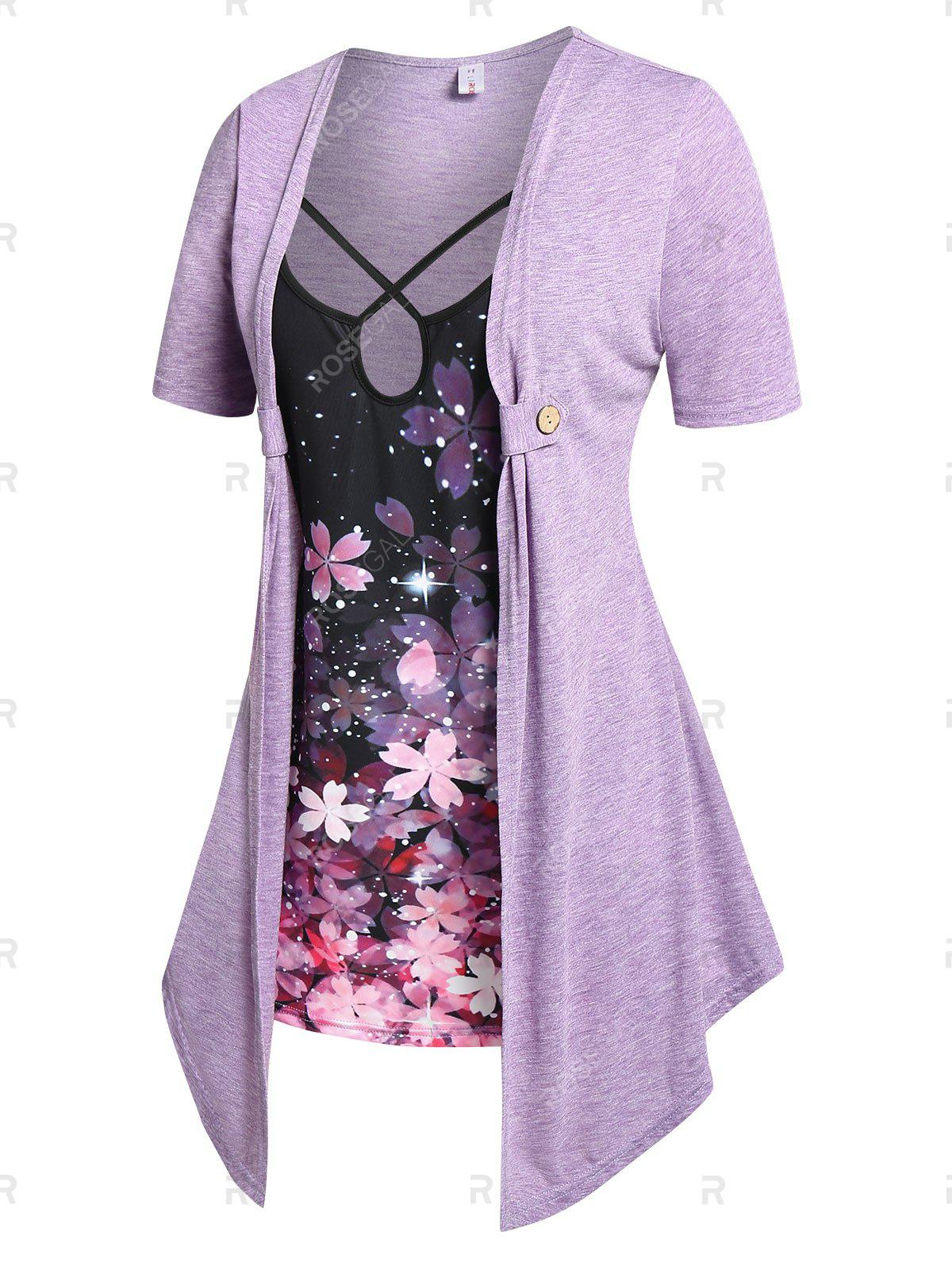 Plus Size & Curve Draped Flower Print 2 In 1 Criss Cross Tee