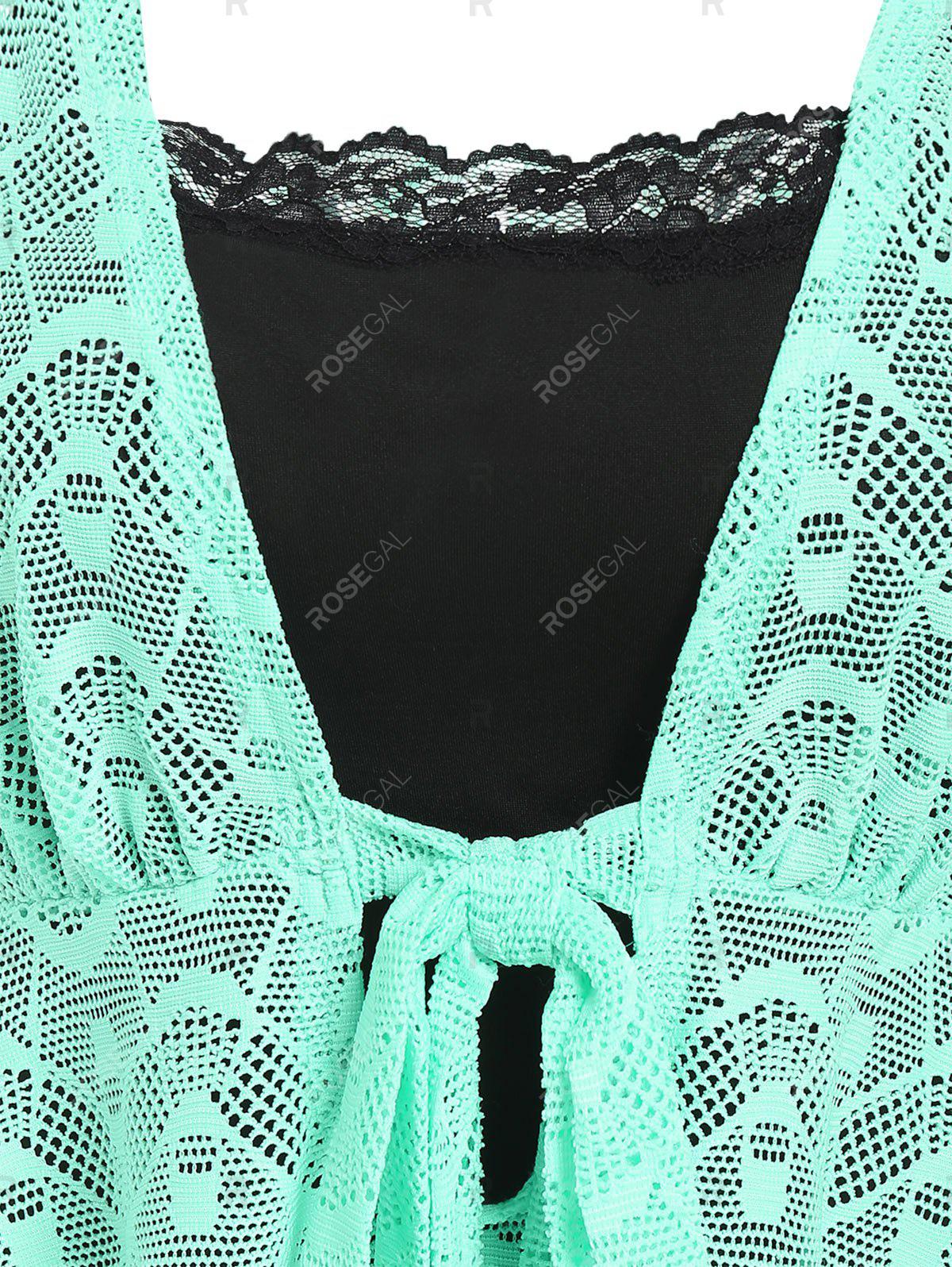 Plus Size Openwork Sheer Tie Blouse and Cami Top Set