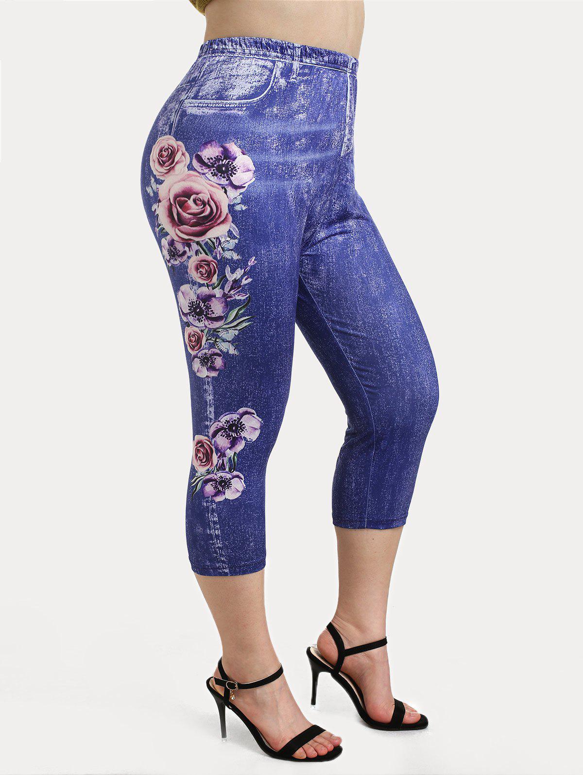 Plus Size Flower 3D Jean Print Capri High Rise Jeggings