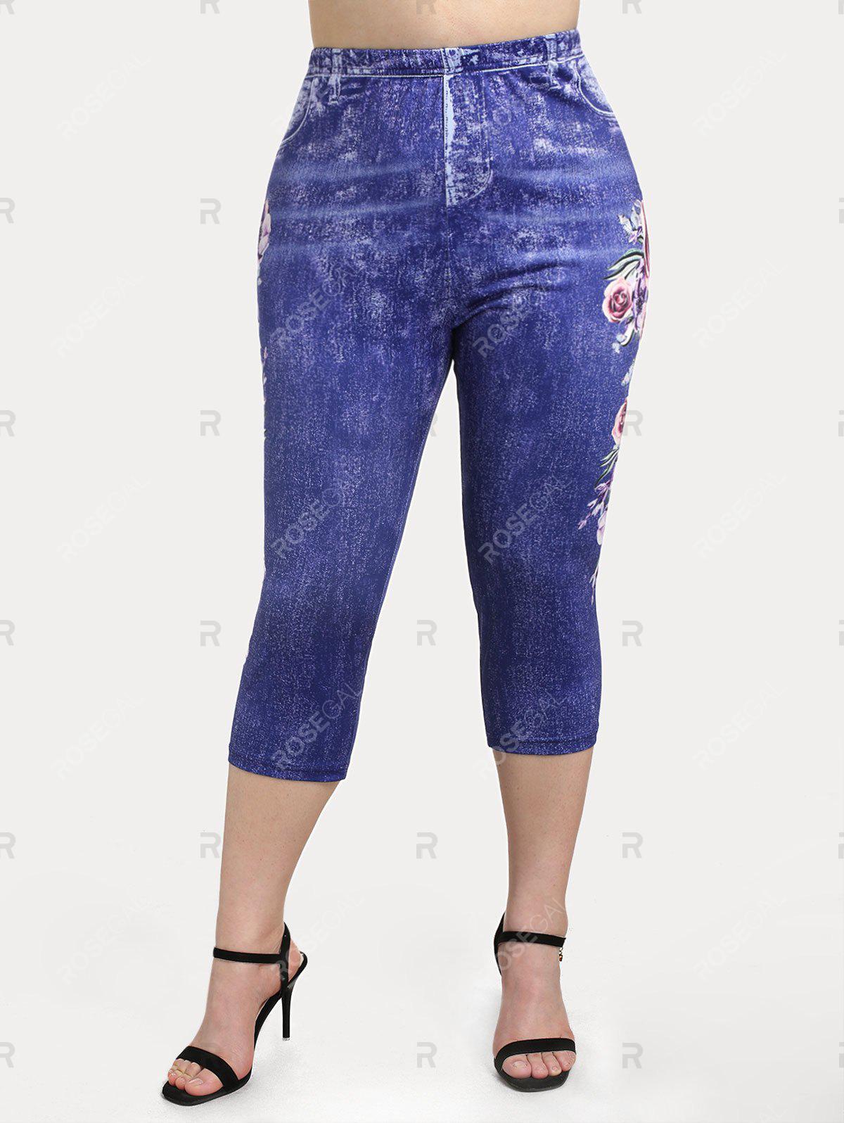 Plus Size Flower 3D Jean Print Capri High Rise Jeggings