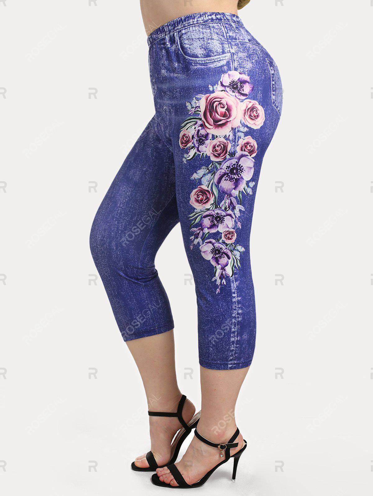 Plus Size Flower 3D Jean Print Capri High Rise Jeggings