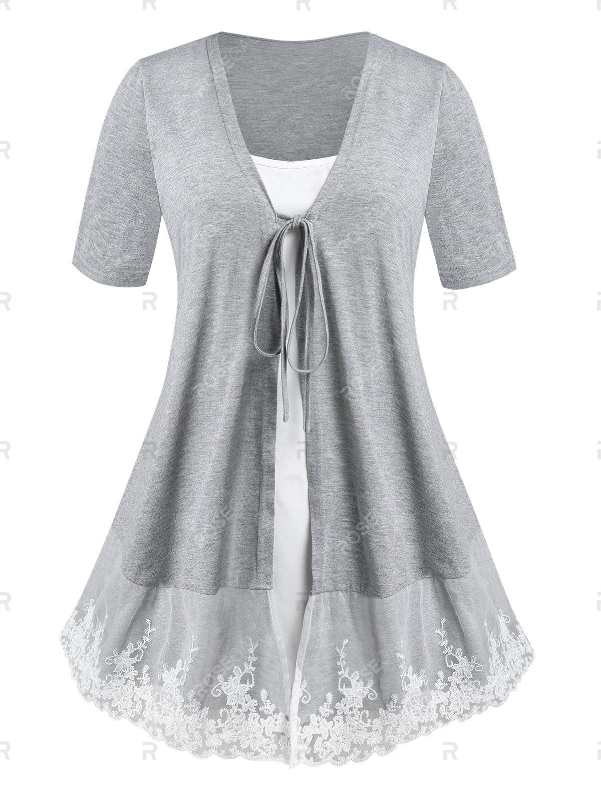 Plus Size Lace Panel Front Tie Faux Twinset Tee