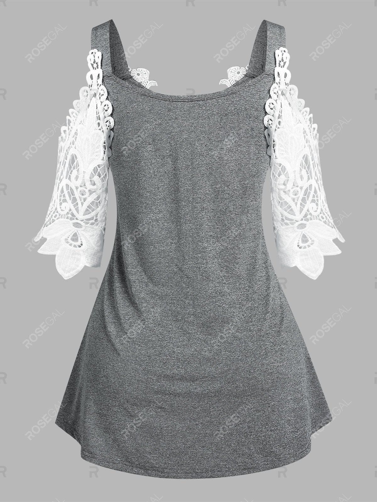 Plus Size Lace Panel Cold Shoulder T-shirt