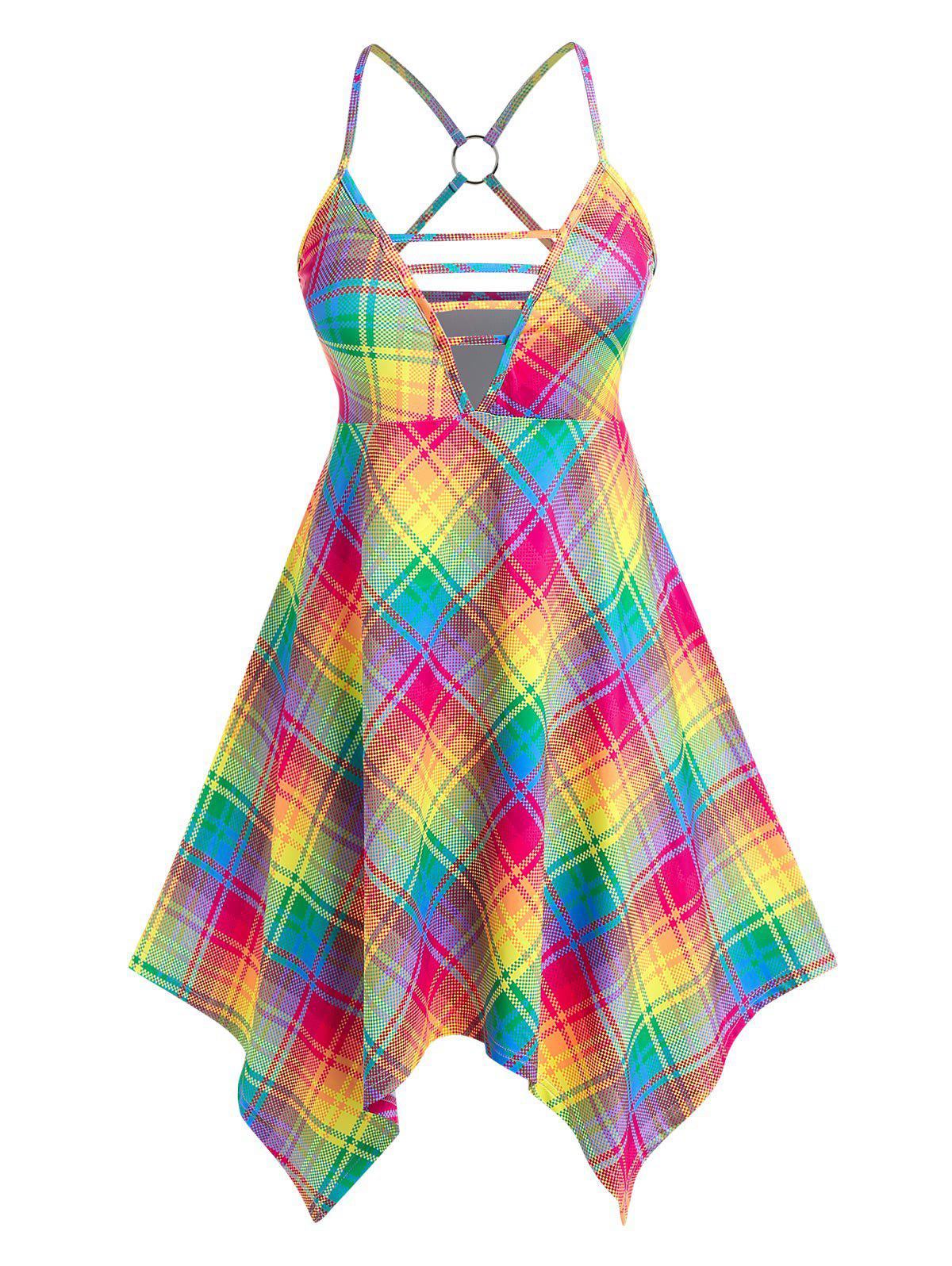 Plus Size & Curve Strappy O Ring Cutout Rainbow Plaid Handkerchief Midi Dress