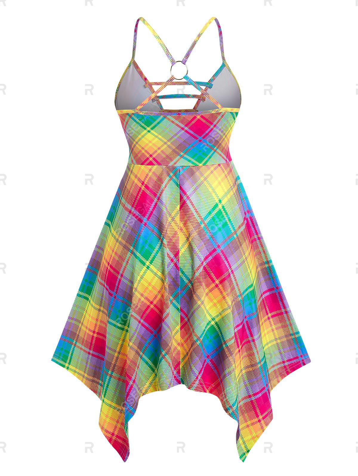 Plus Size & Curve Strappy O Ring Cutout Rainbow Plaid Handkerchief Midi Dress