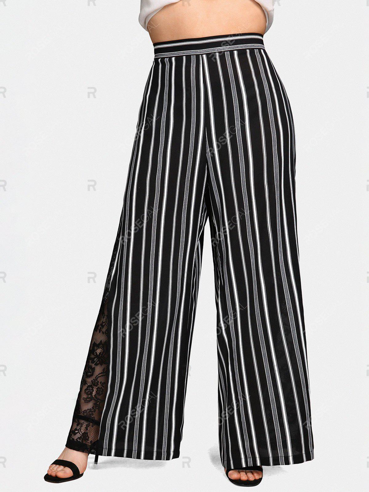 Plus Size High Rise Lace Panel Striped Wide Leg Pants