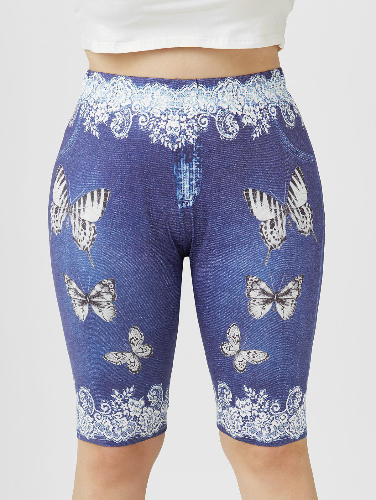 Plus Size 3D Denim Lace Butterfly Print Knee Length Shorts