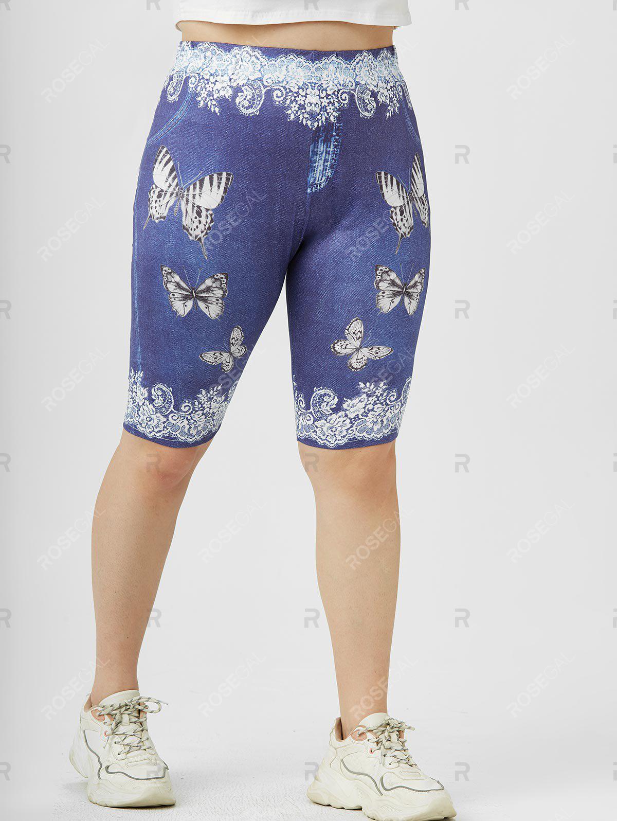 Plus Size 3D Denim Lace Butterfly Print Knee Length Shorts